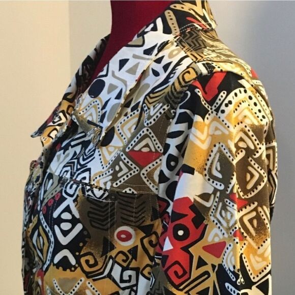 Kaktus Wearable Art woman's geometric tribal pattern lightweight button jacket L - Picture 2 of 14
